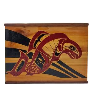 Hand Painted Fish Salmon Wood Box Sliding Lid Haida Art Red Black Vintage